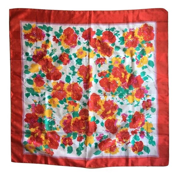 Berkshire Accessories - Vintage Berkshire Floral Square Silk Blend Scarf Vibrant Botanical Print Made In